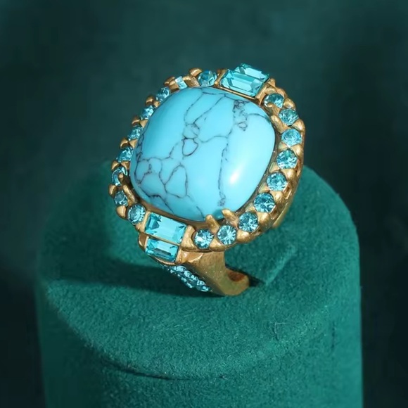 Antique Couture Turquoise Cocktail Ring 18K Gold Finish with Diamond-Style Halo - Picture 4 of 5